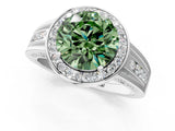 Silver Fancy Green Round Cut Diamond Halo Ring with Split Shank and Bezel Accents and Prong Setting_13