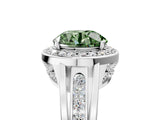 Silver Fancy Green Round Cut Diamond Halo Ring with Split Shank and Bezel Accents and Prong Setting_17