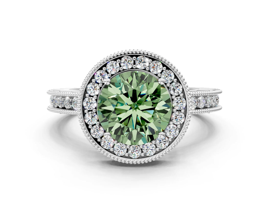 Silver Fancy Green Round Cut Diamond Milgrain Halo Engagement Ring with Round Pavé Band and Prong Setting_12
