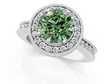 Silver Fancy Green Round Cut Diamond Milgrain Halo Engagement Ring with Round Pavé Band and Prong Setting_13