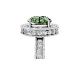 Silver Fancy Green Round Cut Diamond Milgrain Halo Engagement Ring with Round Pavé Band and Prong Setting_17
