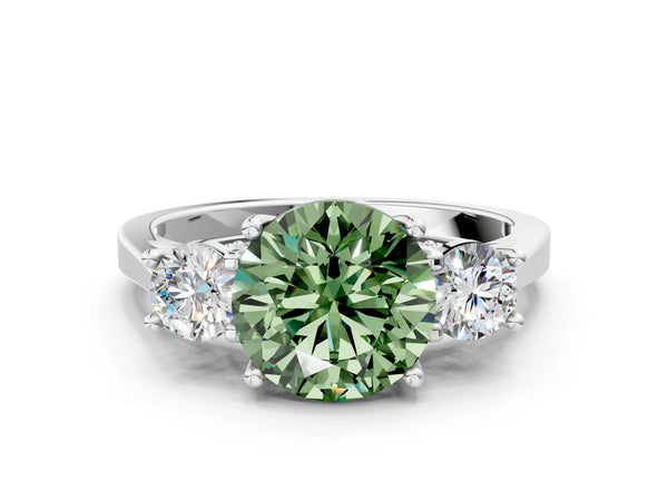 Silver Fancy Green Round Cut Diamond Three-Stone Engagement Ring with Prong Setting and Pavé Band