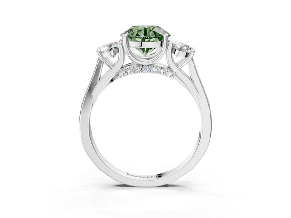 Silver Fancy Green Round Cut Diamond Three-Stone Engagement Ring with Prong Setting and Pavé Band