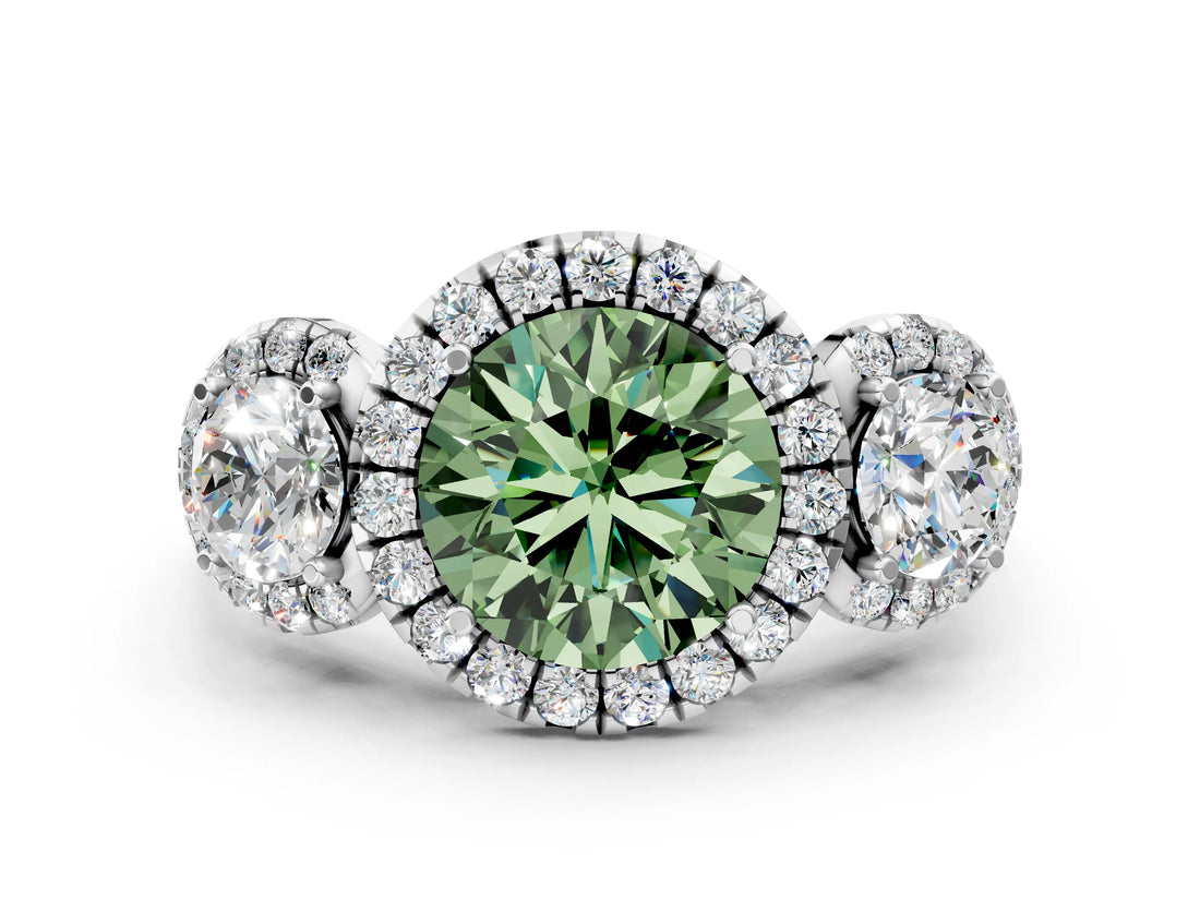 Silver Fancy Green Round Cut Diamond Three-Stone Halo Ring with Prong Setting and Pavé Accents_12