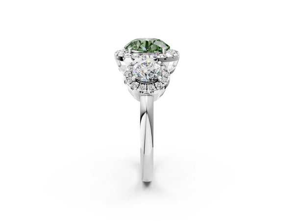 Sterling Silver Round Three Stone Halo Engagement Ring Setting for Fancy Green Center