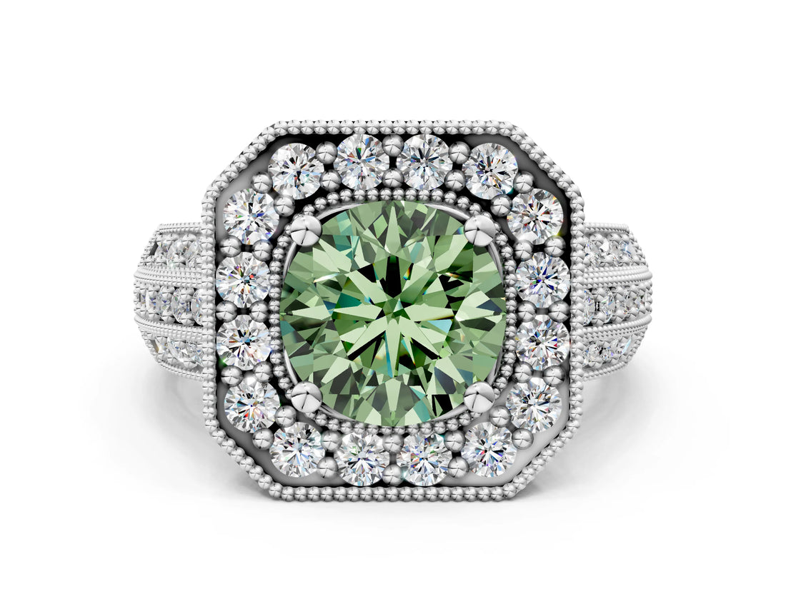 Silver Fancy Green Round Cut Halo Diamond Engagement Ring with Pave Split Shank and Four-Prong Setting_36