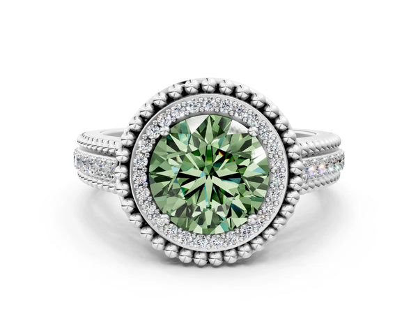 Sterling Silver Round Beaded Halo Engagement Ring Setting for Fancy Green Center with Pave