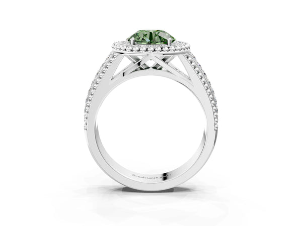 Sterling Silver Round Beaded Halo Engagement Ring Setting for Fancy Green Center with Pave