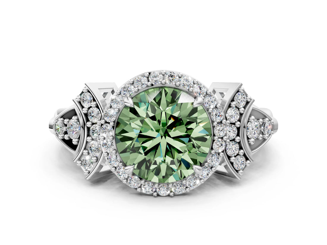 Silver Fancy Green Round Cut Halo Diamond Split Shank Engagement Ring with Four-Prong Setting_6