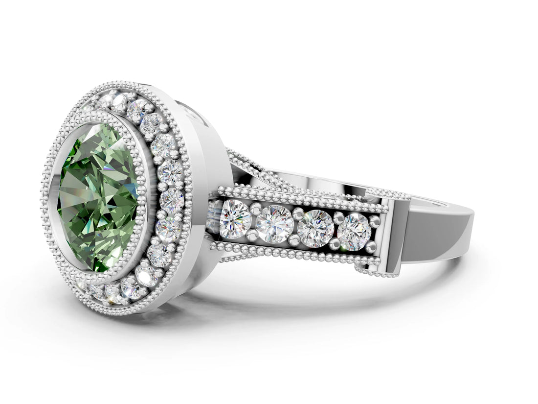 Silver Fancy Green Round Cut Halo Diamond Split Shank Pave Ring_6