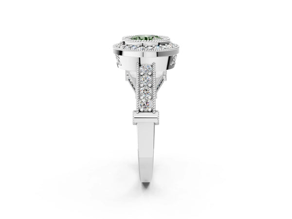 Sterling Silver Round Vintage Bezel Halo Engagement Ring Setting for Fancy Green Center