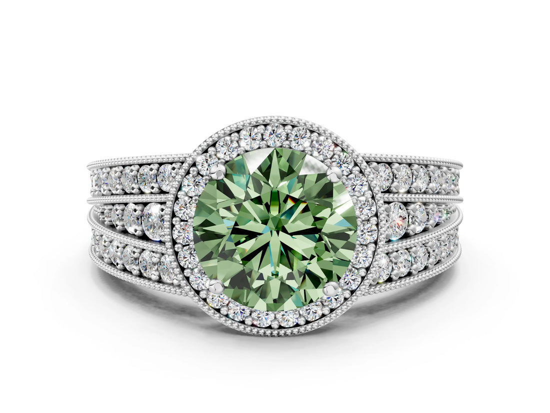 Silver Fancy Green Round Cut Halo Diamond Split Shank Ring with Prong Setting_6