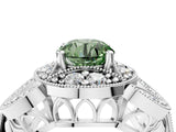 Silver Fancy Green Round Cut Halo Milgrain Diamond Engagement Ring with Leaf Band and Four-Prong Setting_10