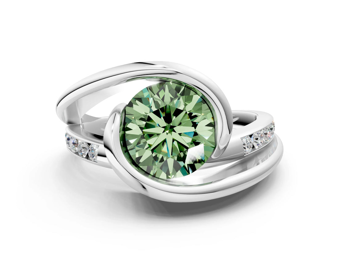 Silver Fancy Green Round Cut Solitaire Tension-Set Diamond Split Shank Ring_6