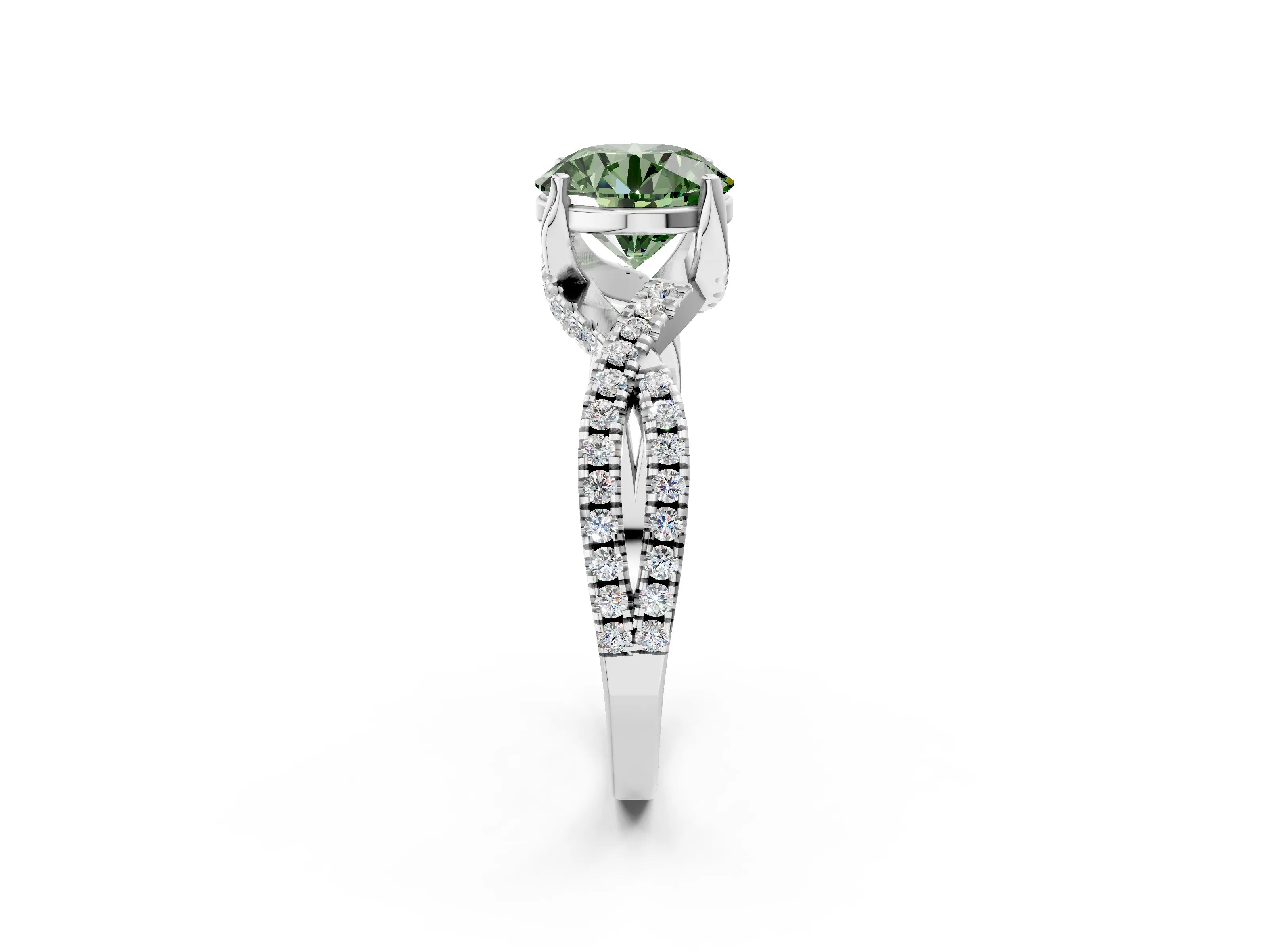 Silver Fancy Green Round Cut Solitaire Twist Pave Diamond Engagement Ring with Prong Setting_44