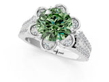 Silver Fancy Green Round  Halo Diamond Floral Split Shank Engagement Ring 1