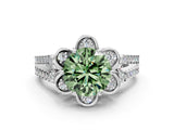 Silver Fancy Green Round  Halo Diamond Floral Split Shank Engagement Ring