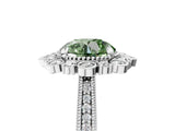 Silver Fancy Green Round  Halo Milgrain Pave Diamond Ring with Four-Prong Setting