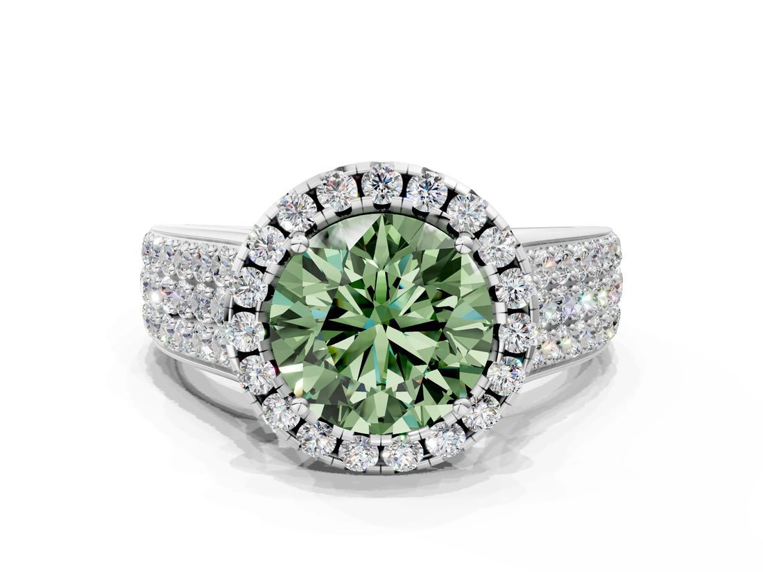 Silver Fancy Green Round  Halo Round Diamond Pave Band with Prong Setting 1