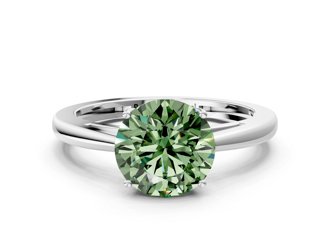 Silver Fancy Green Round  Solitaire Diamond Ring with Split Shank and Four-Prong Setting_12