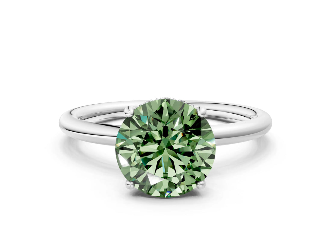 Silver Fancy Green Round  Solitaire Diamond Ring with a Classic Band and Four-Prong Setting 2