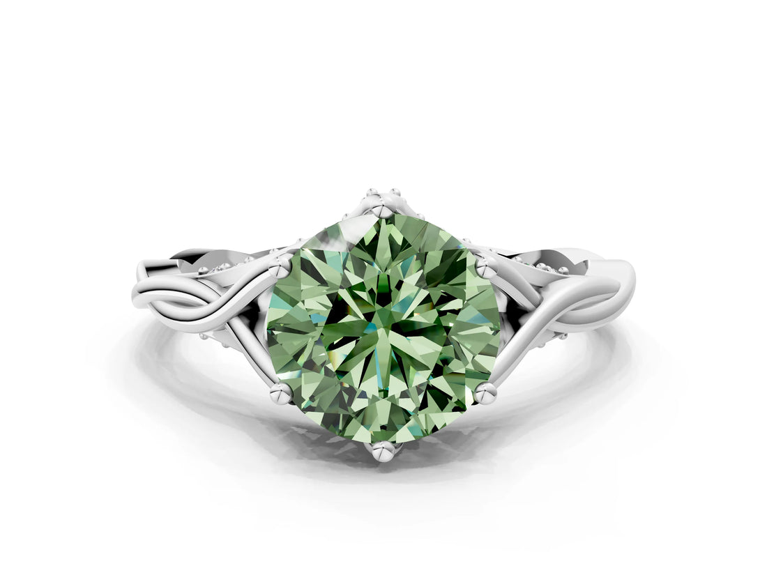 Silver Fancy Green Round  Solitaire Twist Band Six-Prong Setting 1