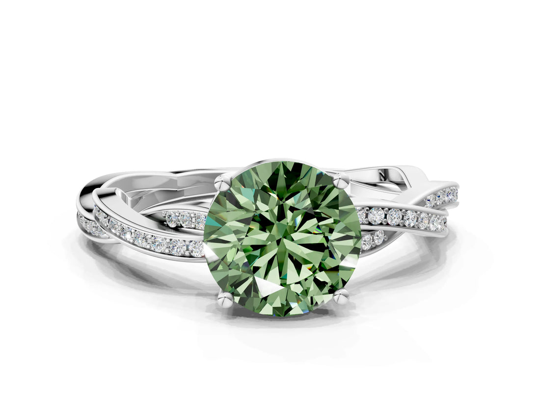 Silver Fancy Green Round  Solitaire Twisted Pave Diamond Ring with Four-Prong Setting