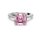 Silver Fancy Pink Asscher  Brilliant Diamond Solitaire with Pavé Band and Four-Prong Setting