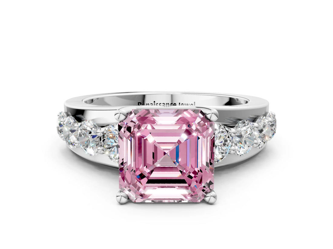 Silver Fancy Pink Asscher  Brilliant Solitaire with Side Stones on a Pave Band and Four-Prong Setting_12