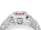 Silver Fancy Pink Asscher Cut Brilliant Halo Pave Diamond Milgrain Ring_10