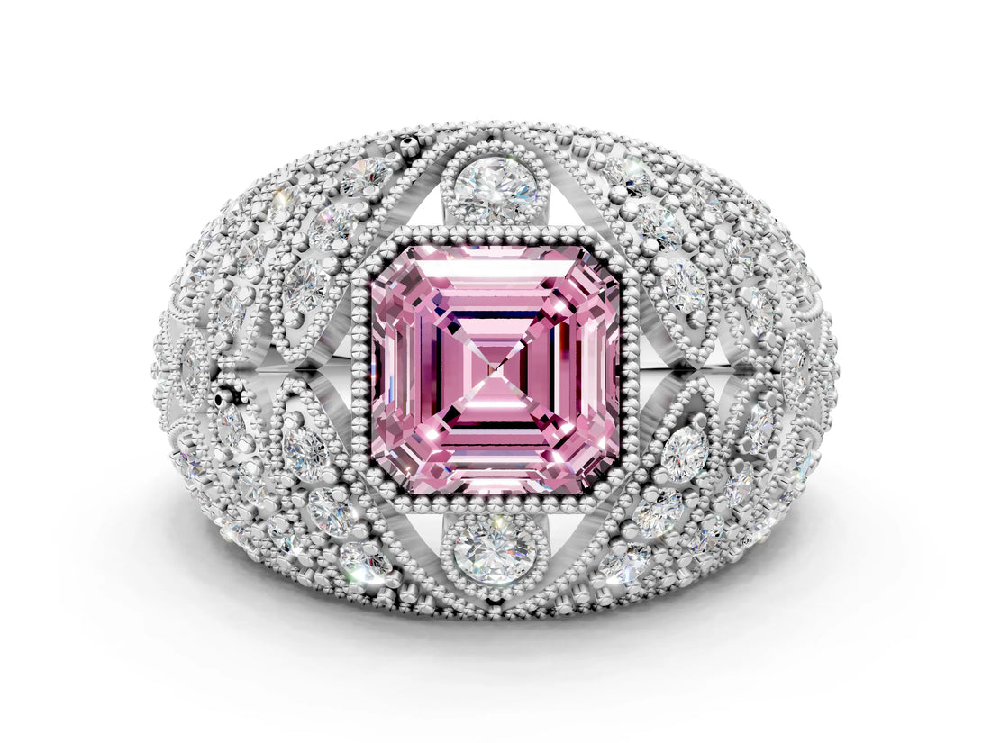 Silver Fancy Pink Asscher Cut Brilliant Halo Pave Diamond Milgrain Ring_6