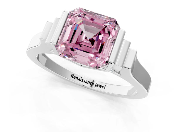 Silver Fancy Pink Asscher Cut Brilliant Solitaire Diamond Ring with Channel Set Band and Bar Prong Setting
