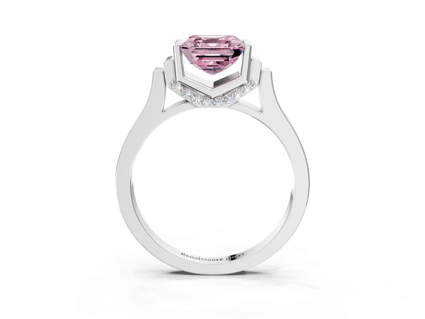 Silver Fancy Pink Asscher Cut Brilliant Solitaire Diamond Ring with Channel Set Band and Bar Prong Setting