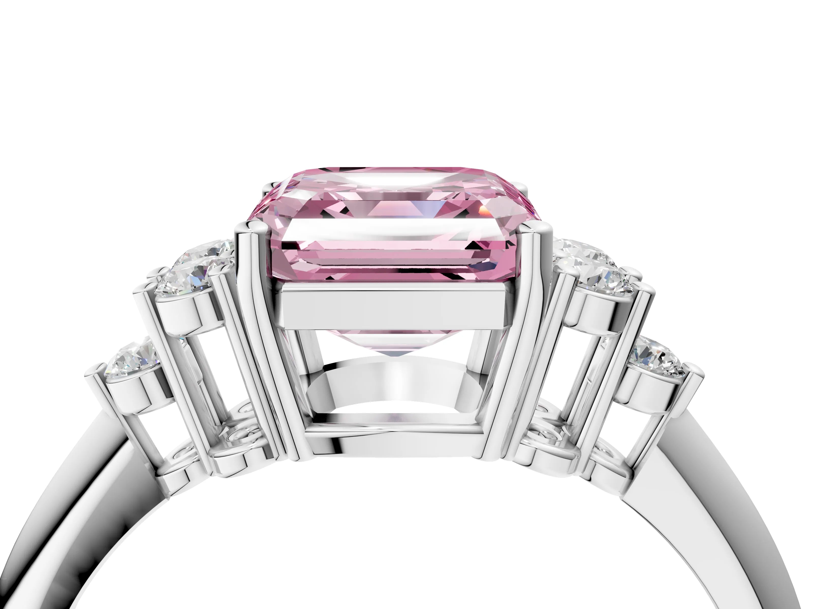 Silver Fancy Pink Asscher Cut Cut Diamond Cluster Ring with Solitaire Band and Four-Prong Setting_22