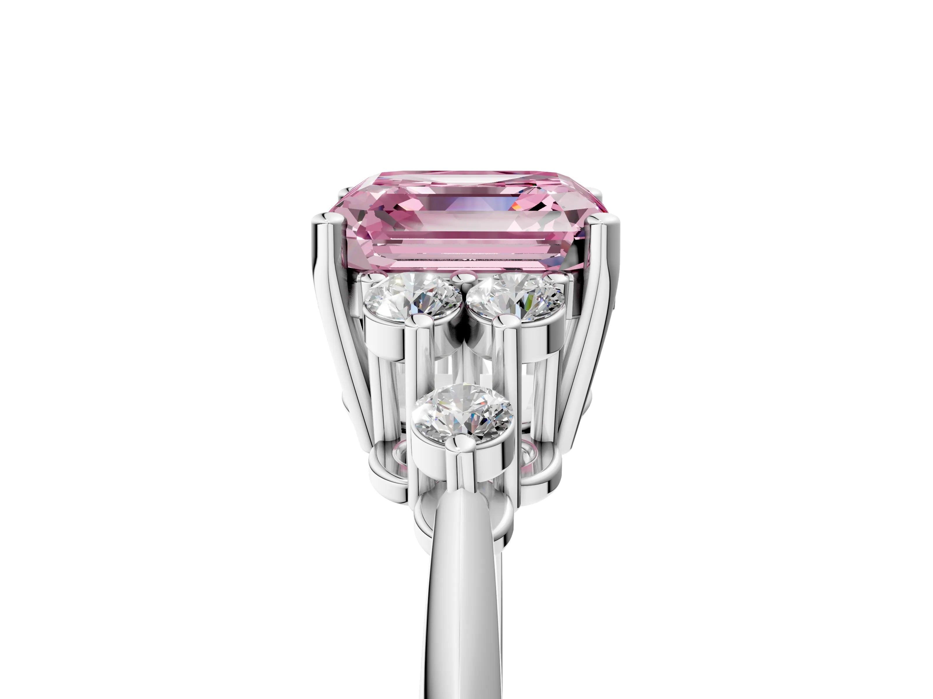 Silver Fancy Pink Asscher Cut Cut Diamond Cluster Ring with Solitaire Band and Four-Prong Setting_23