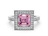 Silver Fancy Pink Asscher Cut-Cut Diamond Halo Engagement Ring with Pave Band and Prong Setting_12