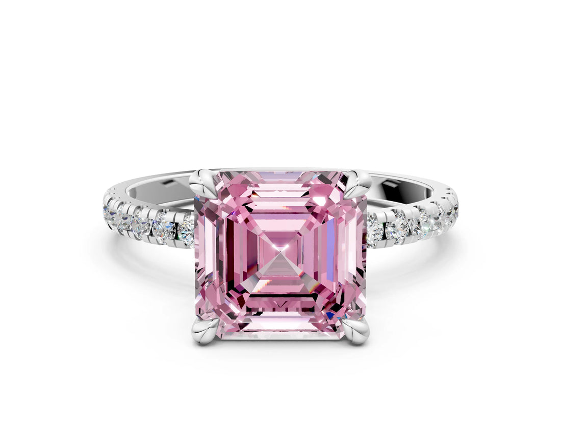 Silver Fancy Pink Asscher Cut Diamond Brilliant Solitaire Ring with Pavé Band and Four-Prong Setting_24