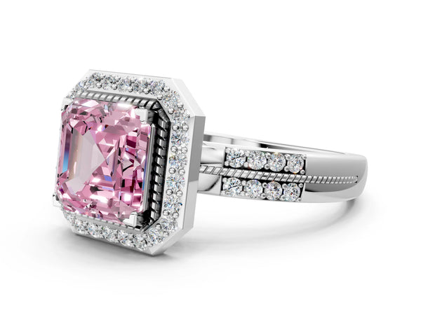 Silver Fancy Pink Asscher Cut Diamond Double Halo Ring with Split Shank and Four-Prong Setting