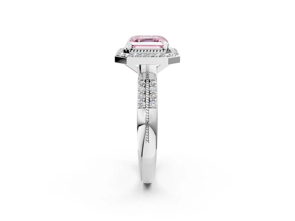 Silver Fancy Pink Asscher Cut Diamond Double Halo Ring with Split Shank and Four-Prong Setting