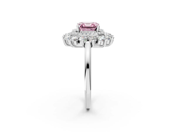 Sterling Silver Asscher Cut Floral Double Halo Engagement Ring Setting for Fancy Pink Center