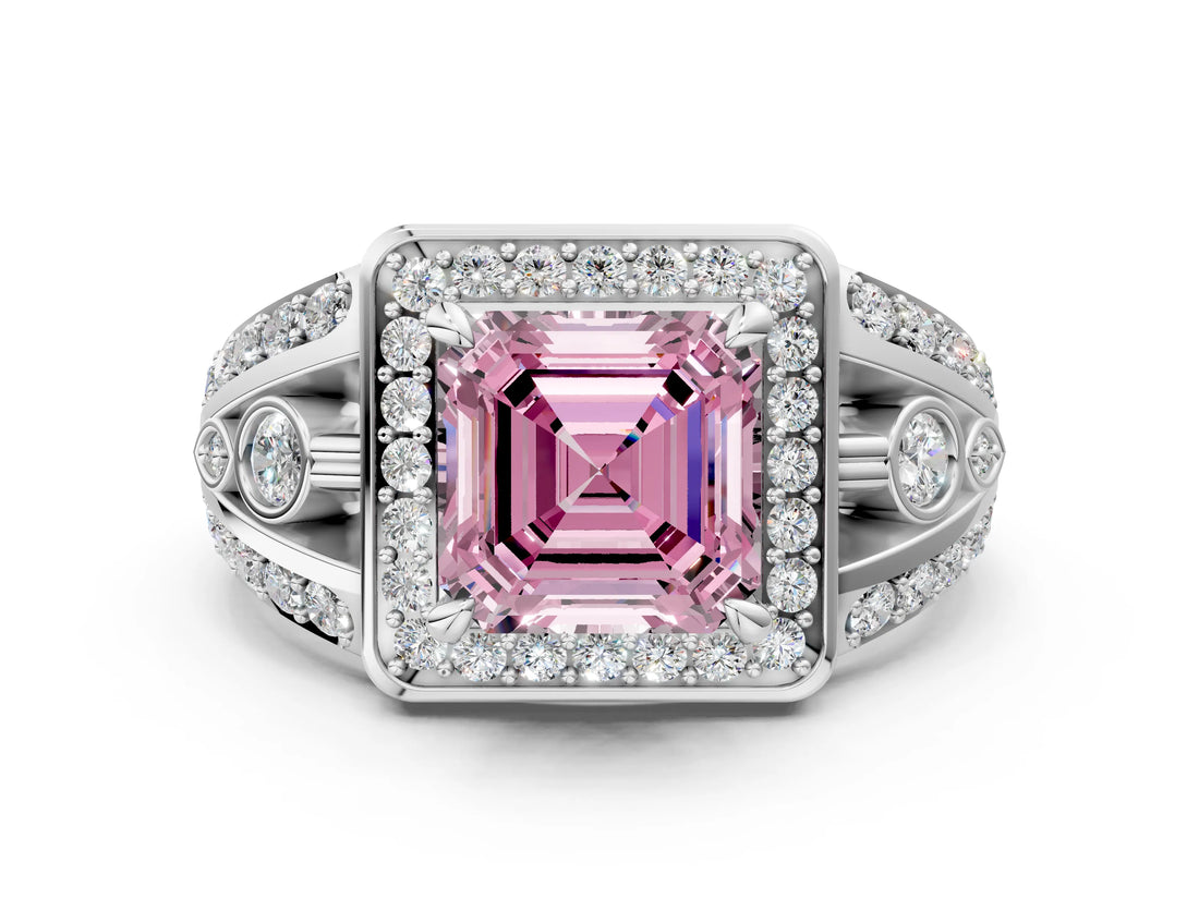 Silver Fancy Pink Asscher Cut Diamond Halo Ring with Split Shank and Bezel Accents and Four-Prong Setting_6