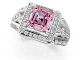 Silver Fancy Pink Asscher Cut Diamond Halo Ring with Split Shank and Bezel Accents and Four-Prong Setting_7