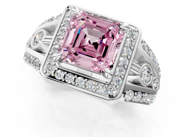 Sterling Silver Asscher Cut Hidden Halo Split Shank Engagement Ring Setting for Fancy Pink Center