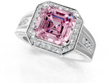 Silver Fancy Pink Asscher Cut Diamond Halo Ring with Split Shank and Bezel Accents and Prong Setting_7