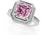 Silver Fancy Pink Asscher Cut Diamond Milgrain Halo Engagement Ring with Round Pavé Band and Prong Setting_13