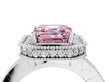 Silver Fancy Pink Asscher Cut Diamond Milgrain Halo Engagement Ring with Round Pavé Band and Prong Setting_16