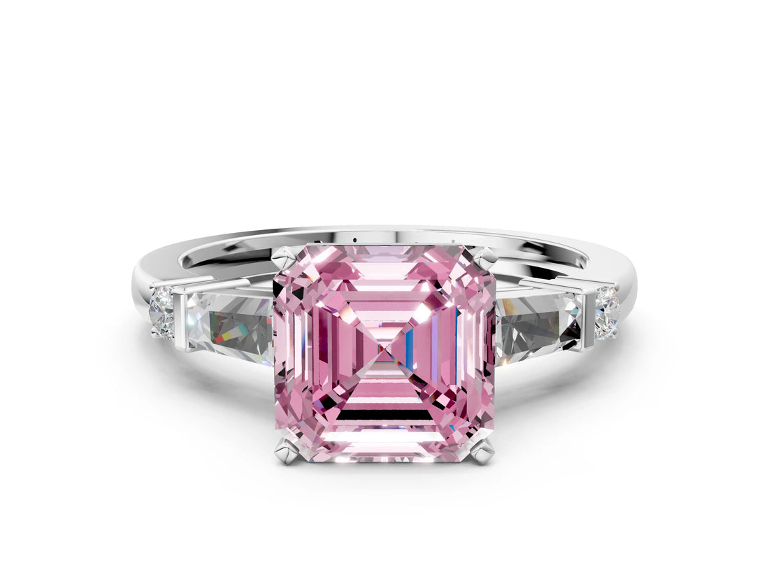 Silver Fancy Pink Asscher  Cut Diamond Ring with Baguette Side Stones, Channel Set Band, and Four-Prong Setting_36