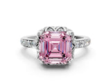 Silver Fancy Pink Asscher Cut Diamond Scalloped Halo Engagement Ring with Round Shared Prong Band
