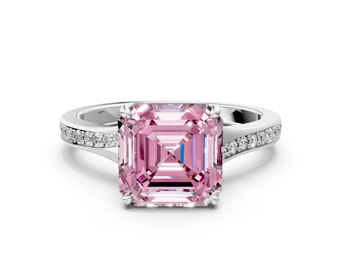 Silver Fancy Pink Asscher Cut Diamond Solitaire Ring with Pavé Band and Prong Setting_12