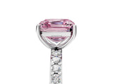 Silver Fancy Pink Asscher  Cut Diamond Solitaire with Pave Band and Four-Prong Setting